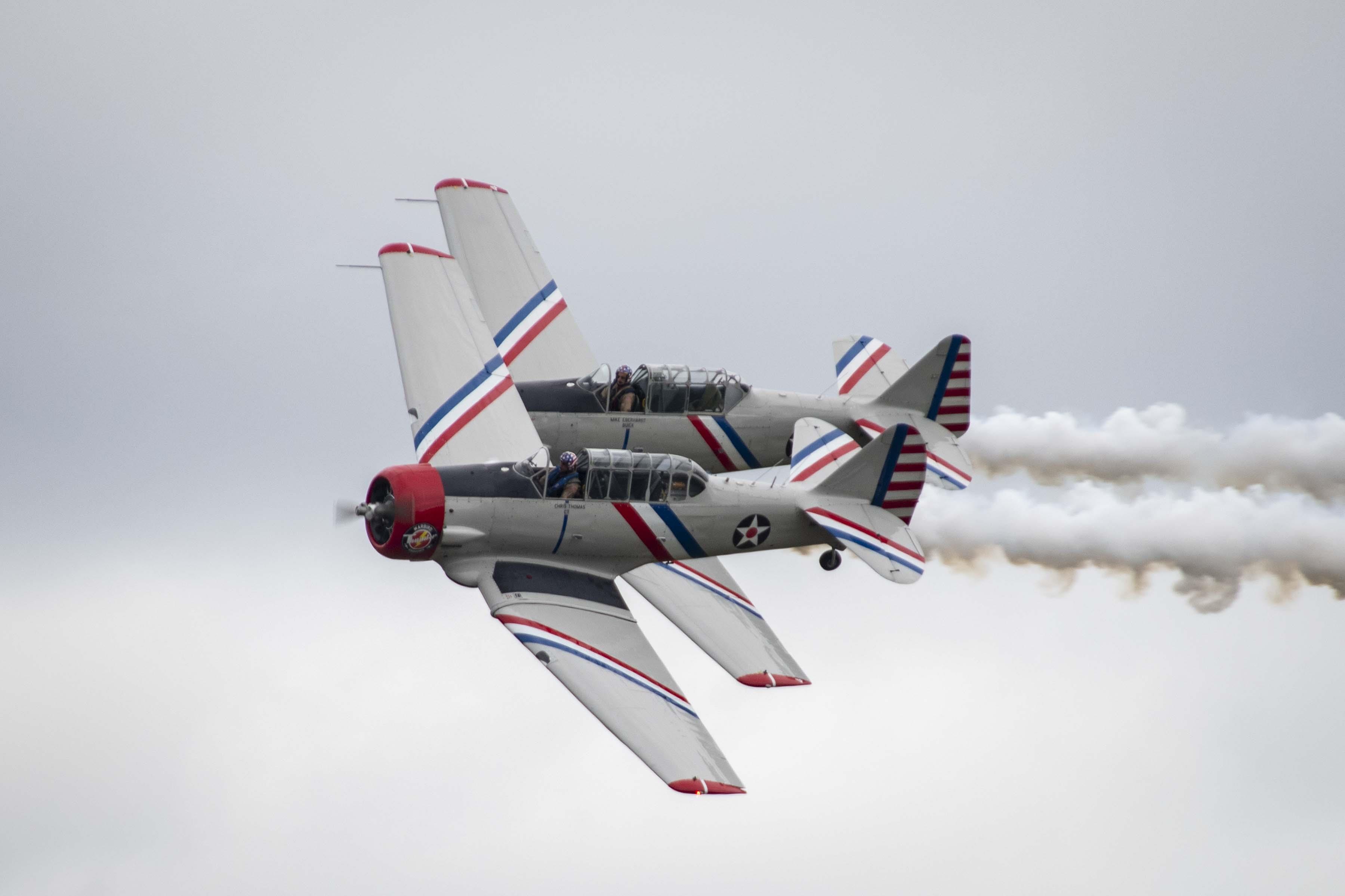 Two Warbird Thunder airplanes in the sky flying together